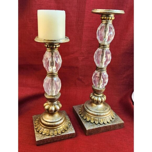 Set Of 2  Gold & Acrylic Crystal Candle Holders With Ornate Resin Bases 12 & 15 - Picture 4 of 14